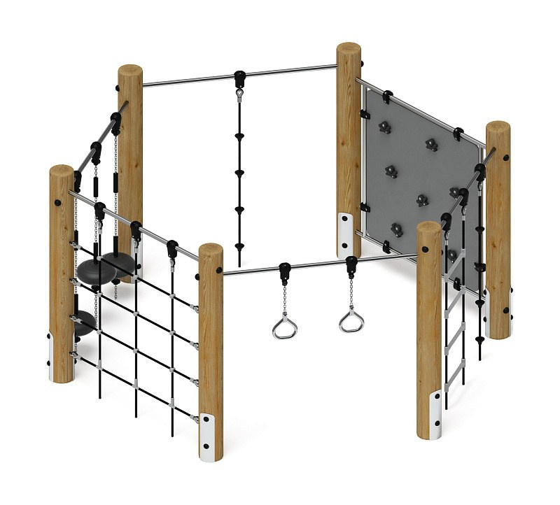 Спортивная серия (лиственница орех) СК 1.08.01-Л.И1.02 Габариты (ШхДхВ): 3390х2960х1750 Зона безопасности, мм: 6390х5960 Возрастные ограничения от 5 до 12 лет