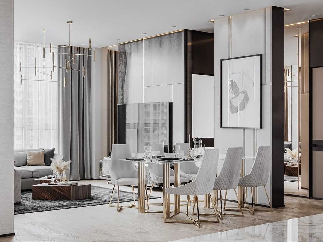 Столовая с белыми стульями на золотых ножках и настенным арт-постером | Валерия Котович