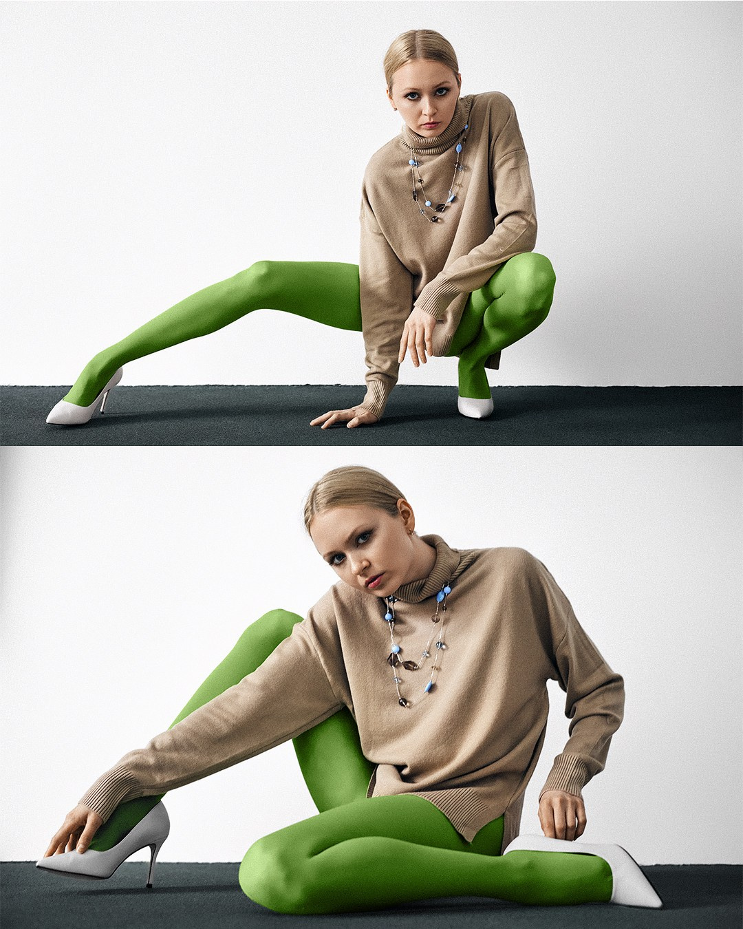 Девушка в необычных позах сидит на полу в фотостудии