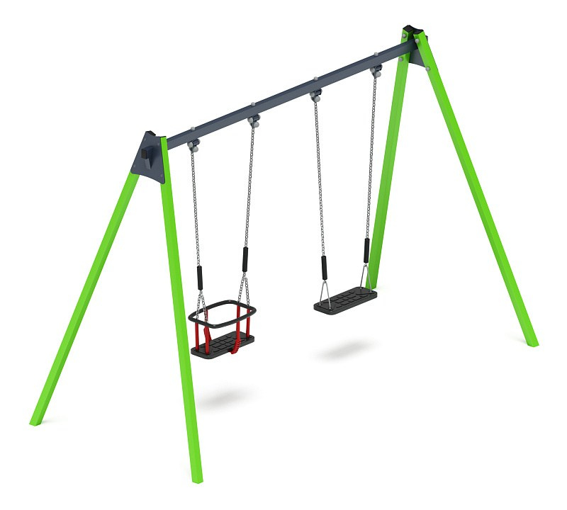 Качели двойные М2 - ИО 12.М.03.04.03-02.И1 Габариты (ШхДхВ): 3115х1460х2070 Зона безопасности, мм: 3200х7000 Возрастные ограничения от 3 лет, весом не более 70 кг