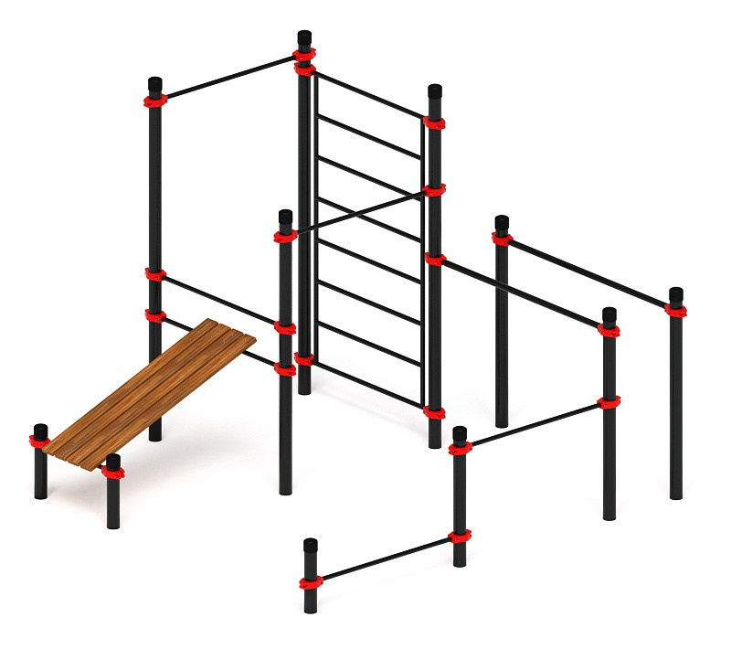 Воркаут 108 красный ВТ 12.21-01 Габариты (ШхДхВ):3470х2880х2600 Зона безопасности, мм:6470х5880 Возрастные ограничения от 14 лет, весом не более 100 кг