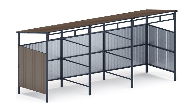 Навес контейнерной площадки для мусора (3 секции) МФ 55.02.03.3-02 Габариты (ШхДхВ): 1600х5100х2200 Зона безопасности, мм: 4600х8100