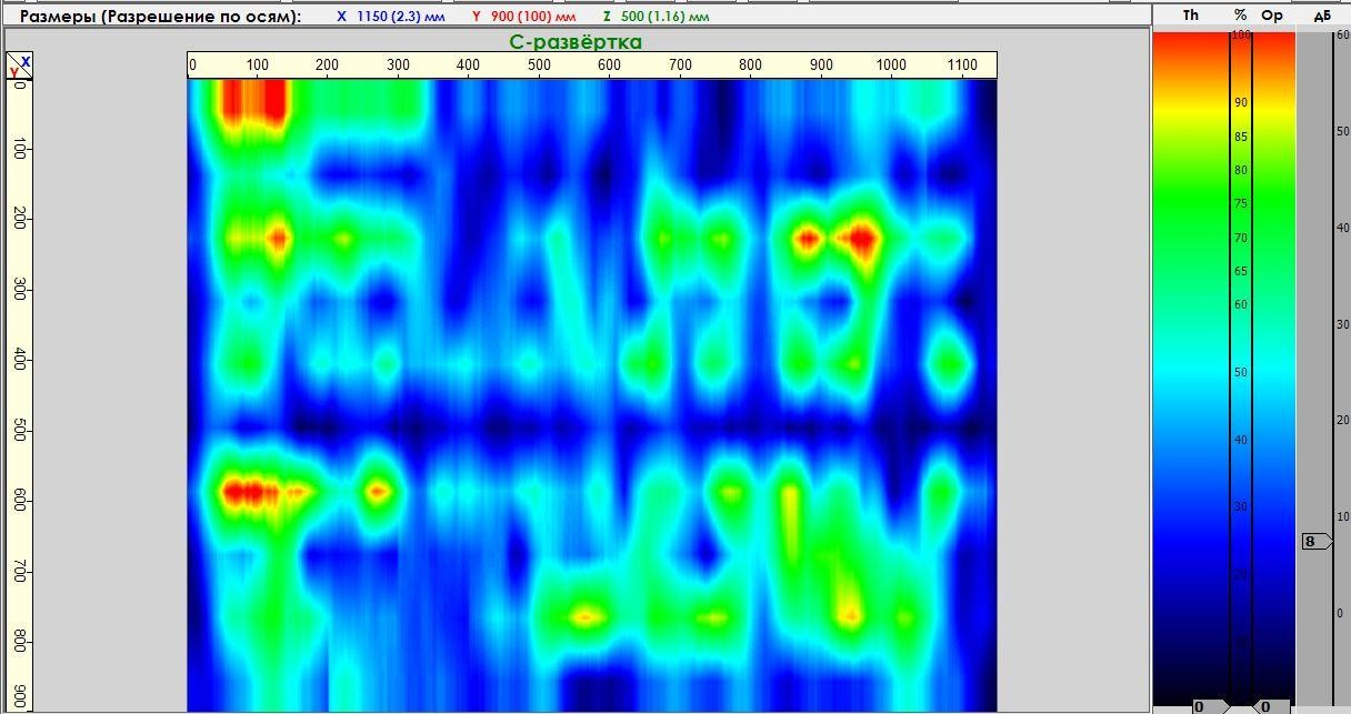 Определение параметров армирования фрагмента монолитной железобетонной плиты перекрытия ультразвуковым эхометодом (метод ультразвуковой эхо-томографии). C-томограмма (C-скан)