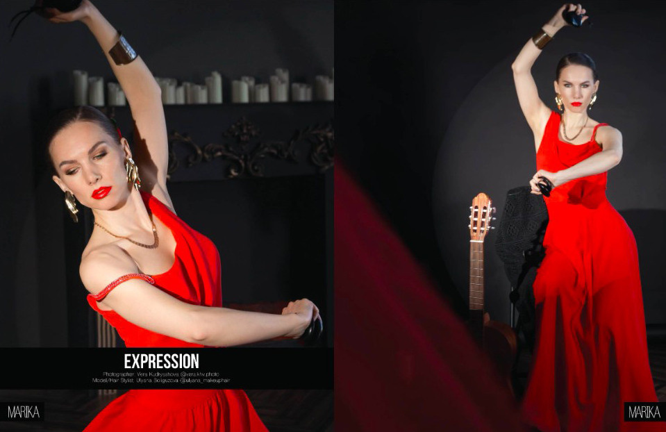 Фотосессия в стиле Кармен, публикация в итальянском журнале Marika. Танцовщица фламенко в красном платье.