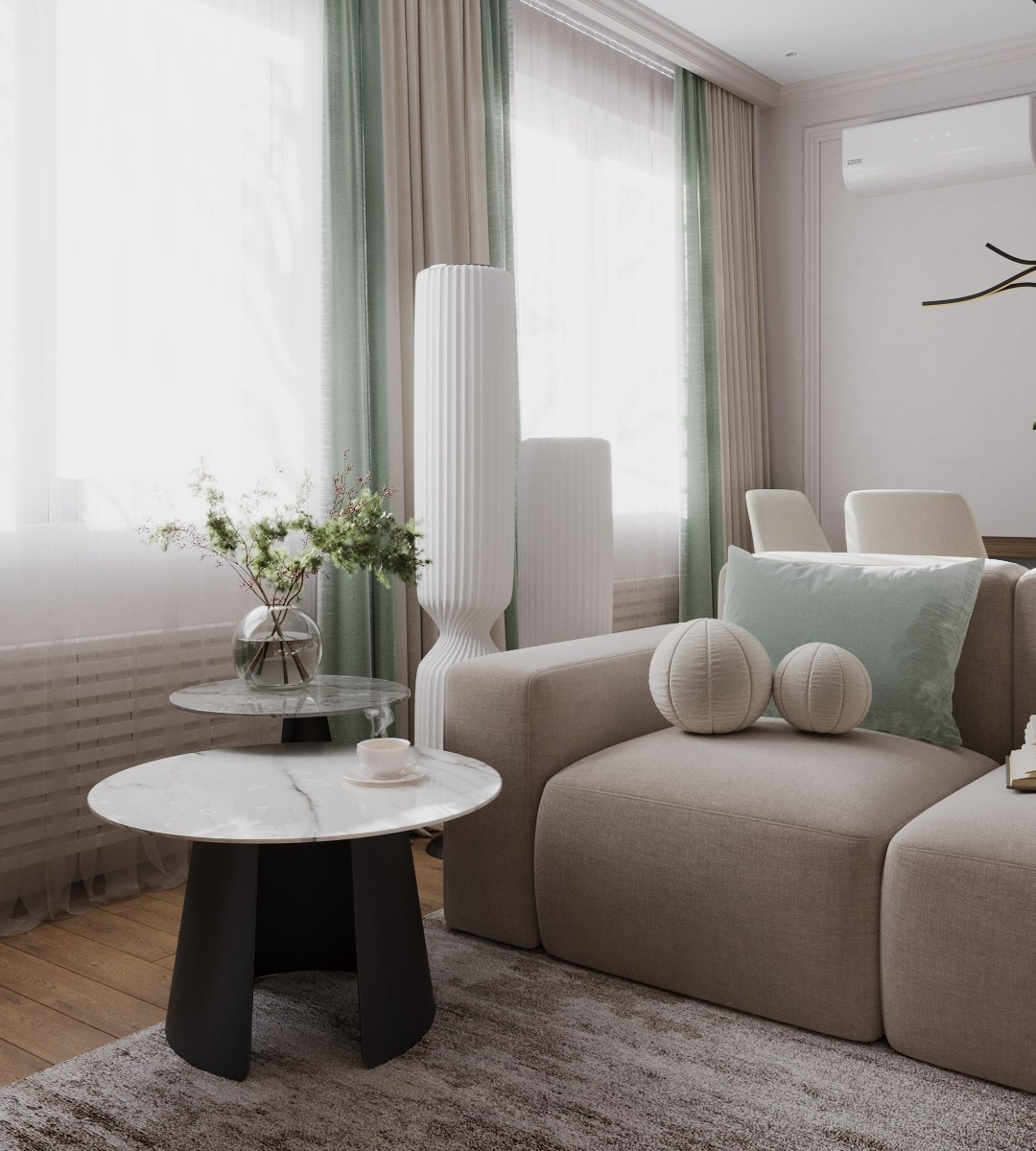 Реалистичная 3D визуализация гостиной с современным дизайном, светлой отделкой, мягкой мебелью и обилием естественного освещения, подчеркивающая высокое качество работы и быструю реализацию проекта