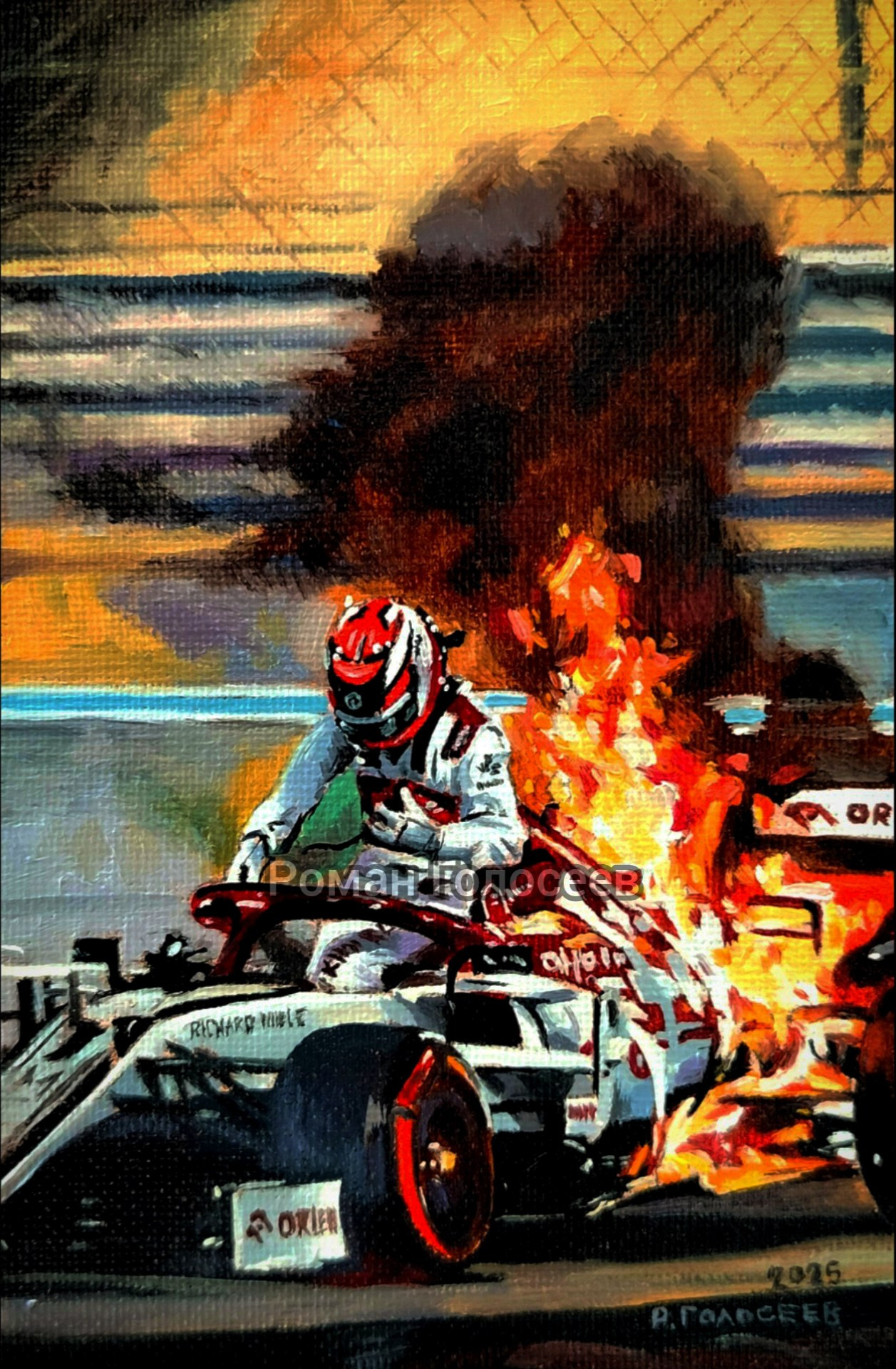 "Кими Райкконен, Alfa Romeo Racing Orlen, Гран-при Абу-Даби, 2020", 15х10, холст с картоне, масло, 19.03.2025