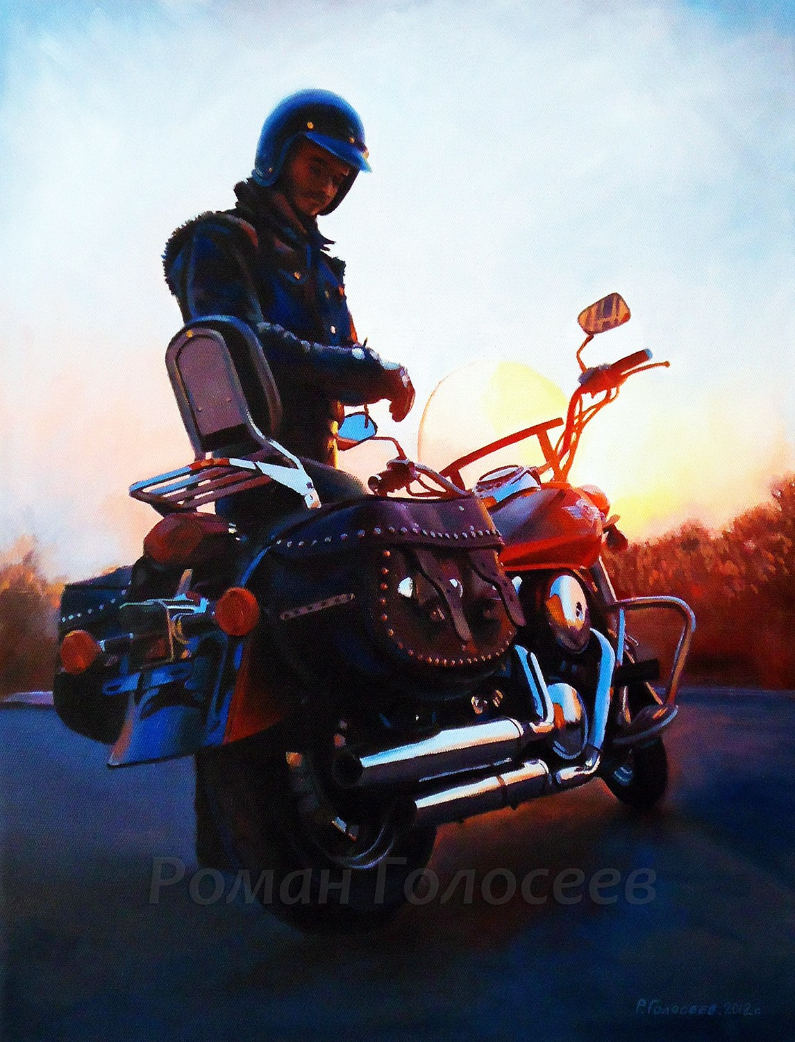 "Байкер и закат", 43х33, холст, масло, 21.07.2012