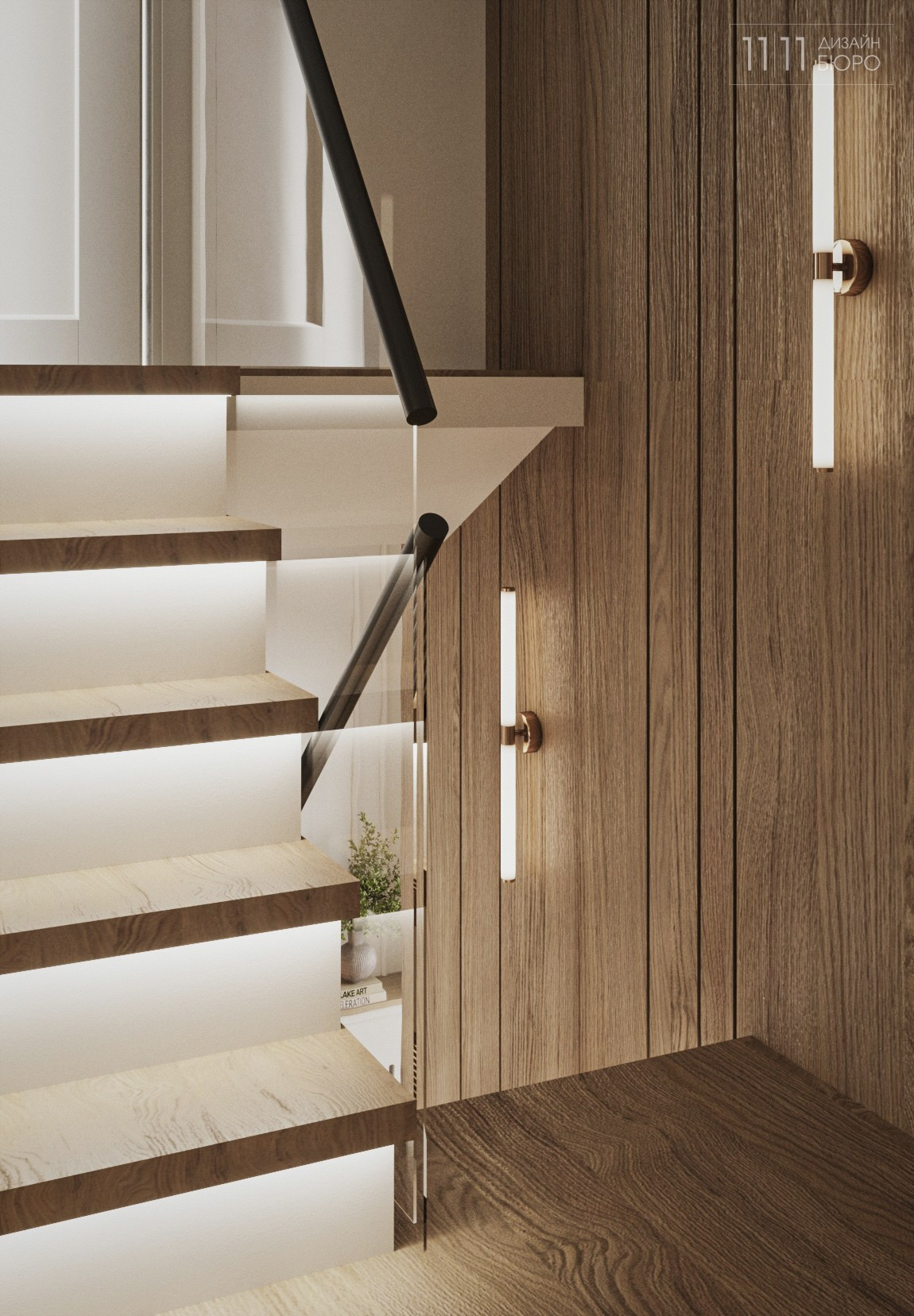 Лестница с деревянными панелями и подсветкой