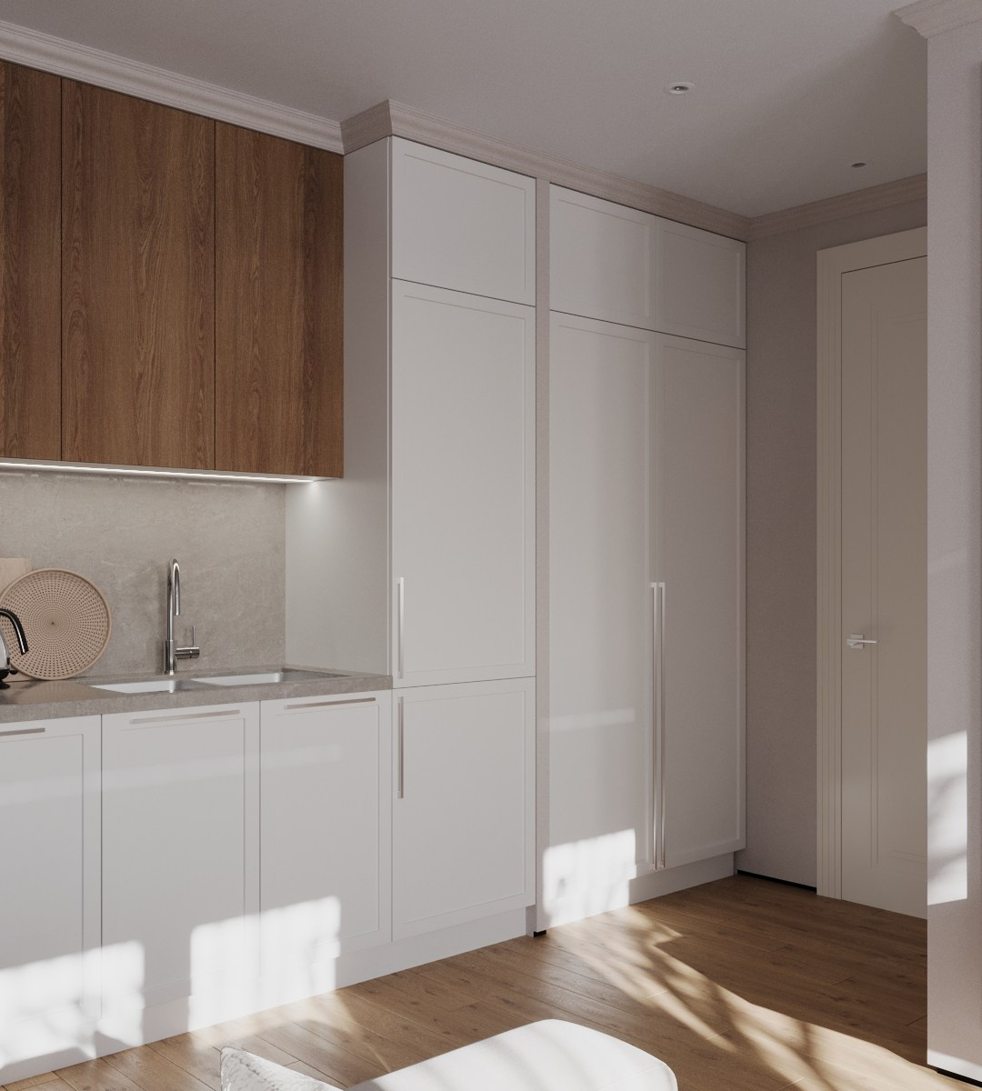 Реалистичная 3D визуализация гостиной с современным дизайном, светлой отделкой, мягкой мебелью и обилием естественного освещения, подчеркивающая высокое качество работы и быструю реализацию проекта