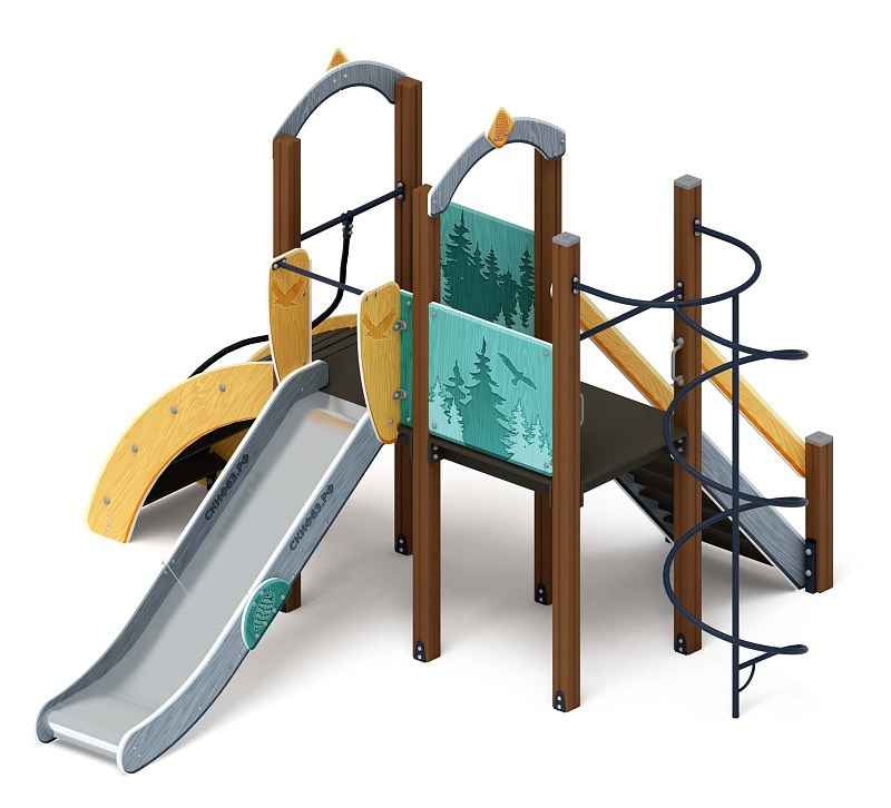 Играйте с нами (Тайга) - ДИК 2.01.1.02-03 - Игровой комплекс H=1200                                                                                          Габариты (ШхДхВ): 4080x4210x2800                                                                                                                                                                     Зона безопасности, мм:  7580х7210                                                                                                                                                                        Скат горки: H=1200 (металлический скат)                                                                                                                                           Возрастные ограничения от 5 до 12 лет