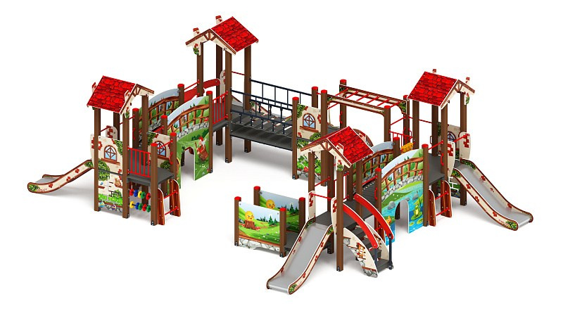 В гостях у сказки - ДИК 1.05.01-10.С - Игровой комплекс H=900                                                                                                                   Габариты (ШхДхВ): 9280x7780x2790                                                                                                                                                                        Зона безопасности, мм: 13280х11780                                                                                                                                                                       Скат горки: H=900 (металлический скат)