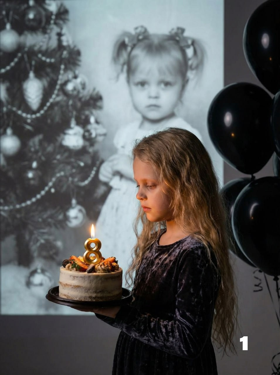 Студийный камерный портрет, в профиль стоит 8‑летняя девочка, аккуратные детские черты, естественный вид, без макияжа, в опрятной белой блузке с черным бантом и темной юбке, в руках маленький праздничный торт; на торте горят свечи‑цифры 42 (или 8 — по желанию), теплое пламя подсвечивает лицо и руки, справа связка матовых черных воздушных шаров, на стене за девочкой — большая черно‑белая проекция винтажной детской фотографии: маленькая девочка в белом платье стоит у наряженной елки, мягкая зернистость на проекции; низкий ключ, драматичные мягкие тени, теплый ламповый оттенок от свечей, легкий дымок от фитилей, тонкий контровой свет по волосам, фон темный нейтральный, композиция по правилу третей, глубина резкости малая (f/1.8), ощущение 50 мм объектива, высокое качество, фотореализм, чистая студийная сцена, никакого текста и логотиповНегативный промпт:взрослая женщина, сексуализированная одежда, макияж, оголенные плечи, отвлекающий реквизит, лишние конечности, искаженные руки, артефакты, размыленная картинка, низкое разрешение, текст, водяные знаки, жесткий вспышечный свет, пересвет, посторонние люди, яркие кричащие цвета