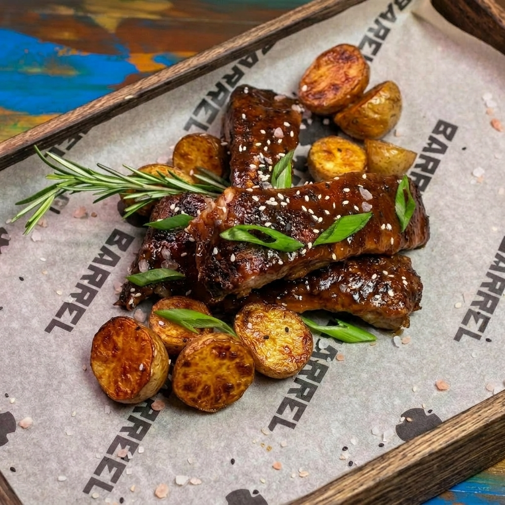 Свиные рёбра с кусочками отварной картошки с зеленью