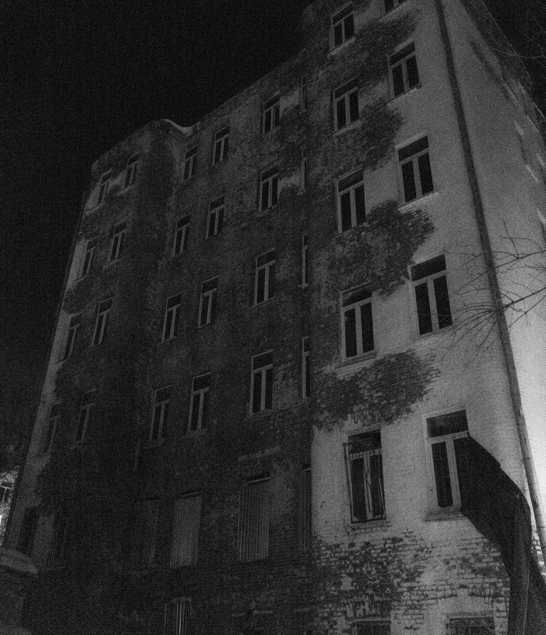 Черно-белая ночная уличная фотография: фасад старого здания с фактурной штукатуркой и зарослями дикого винограда, левая часть здания погружена в глубокую тень, правая освещена искусственным светом, темные пустые оконные проемы создают ритм, атмосфера городского одиночества, уличная фотография Москвы, Вадим Топорёнок, проект Манифест теней, архитектура памяти, ночной урбанизм, текстуры города.