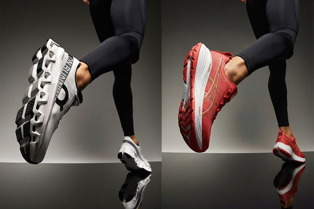 AI-контент: кроссовки до и после добавления динамики и стильного фона.