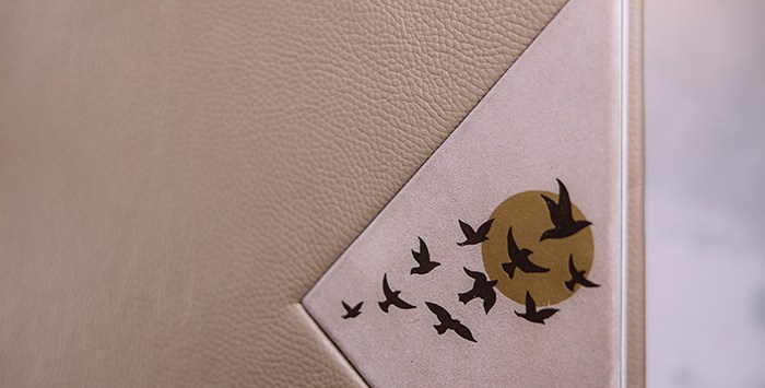 Крупный план фактуры кожи цвета мокко и тиснения в виде множества маленьких птиц, улетающих к солнцу.