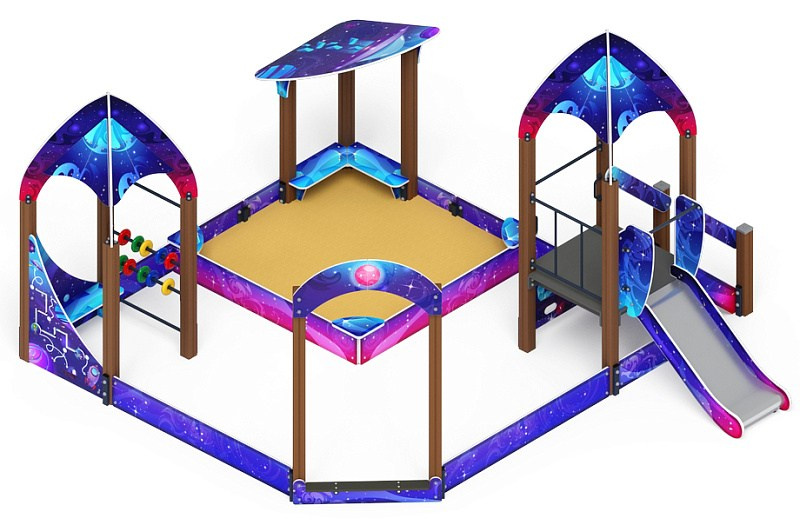 Песочный дворик с горкой Космопорт (Космос) - ИО 6.14.01-02 H=750 Габариты (ШхДхВ): 4510x5180x3000 Зона безопасности, мм: 6510х7680