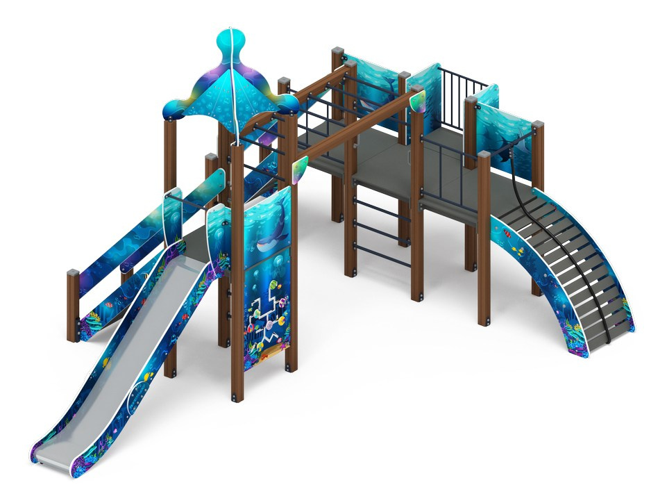 Морской - ДИК 2.17.03-01 - Игровой комплекс H=1500                                                                                                                             Габариты (ШхДхВ): 6980x5090x4040                                                                                                                                                                      Зона безопасности, мм: 10480х8090                                                                                                                                                                        Скат горки: H=1500 (металлический скат) 