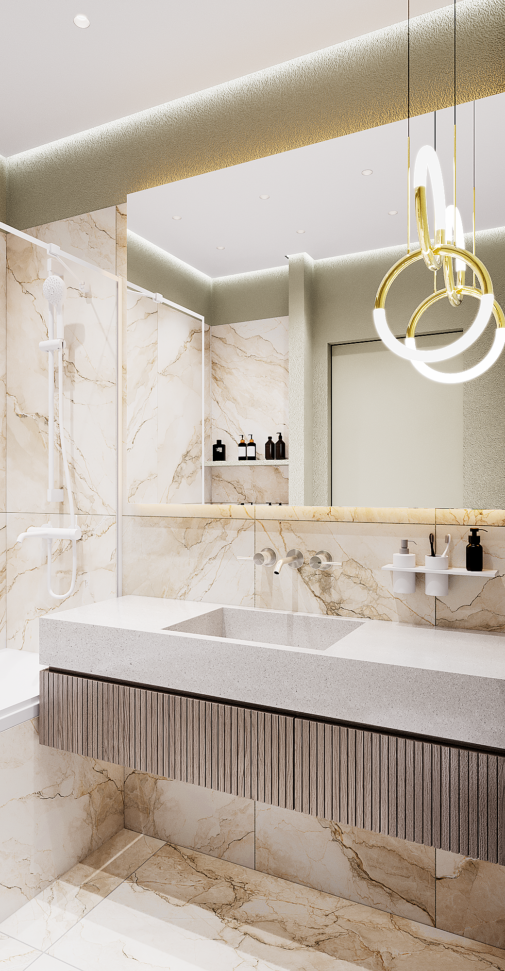 Зона раковины с мраморной отделкой и подвесным круговым светильником.