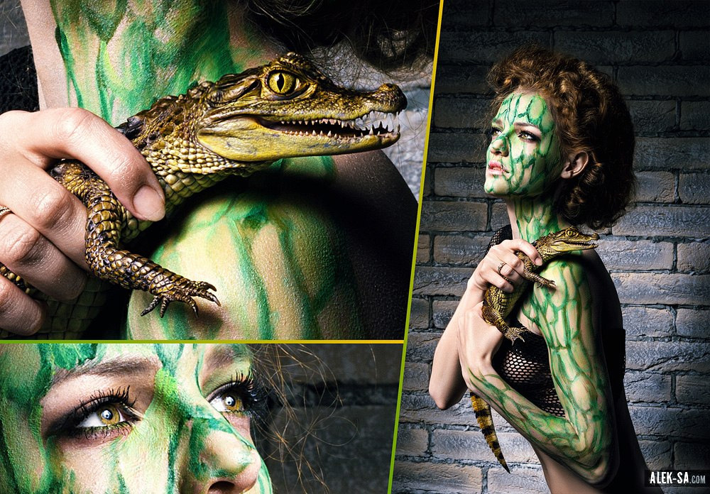 Боди-арт с рептилией, креативная студийная съёмка, Краснодар
