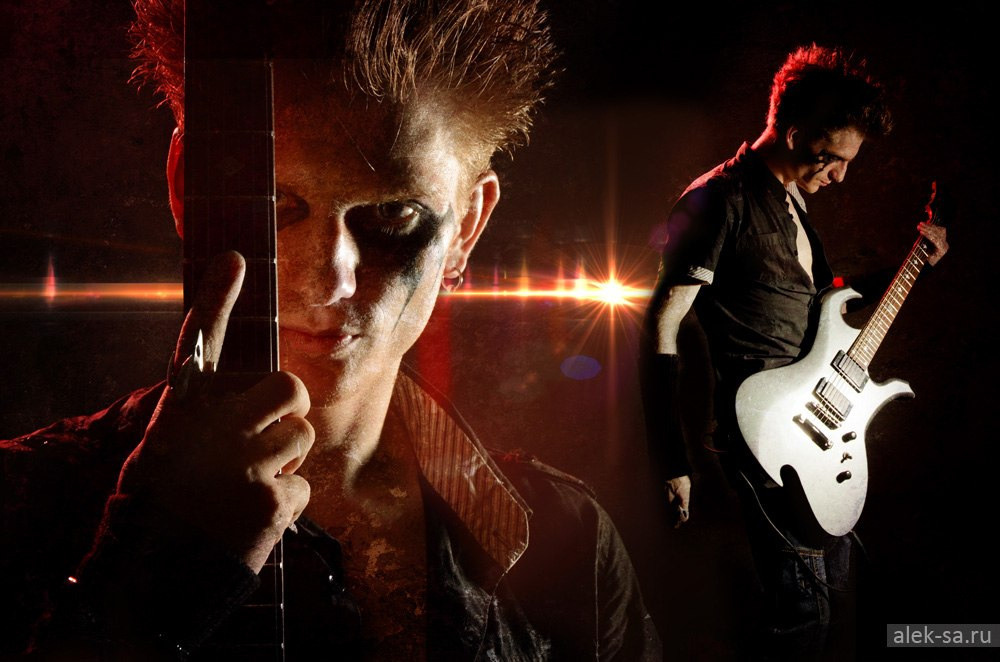 Ночной портрет музыканта с гитарой, неон — фотограф Краснодар