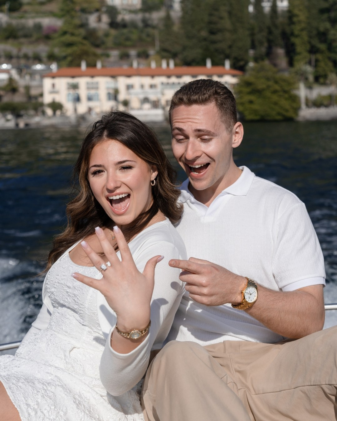 Lake Como engagement photo, couple by Villa Monastero