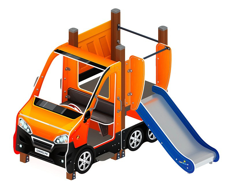 Машинка (оранжевый) тип 1 - ДИК 1.03.1.01-01 - Игровой комплекс H=750                                                                                       Габариты (ШхДхВ): 2430x2190x1700                                                                                                                                                                     Зона безопасности, мм: 5930х5190                                                                                                                                                                        Скат горки: H=750 (металлический скат)