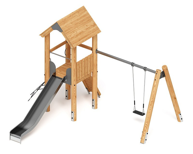 Игровой комплекс (лиственница) ДИК 2.24.03-01.Л.И1 Габариты (ШхДхВ): 4800х5410х3250 Зона безопасности, мм: 9400х8400 Высота падения 1400 мм. Возрастные ограничения от 5 до 12 лет.