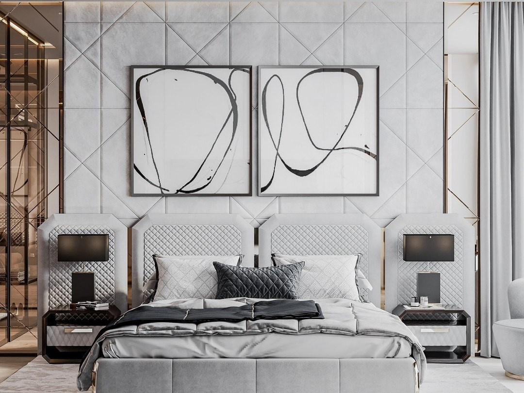 Спальня в серых тонах с мягким изголовьем и абстрактными постерами | Валерия Котович