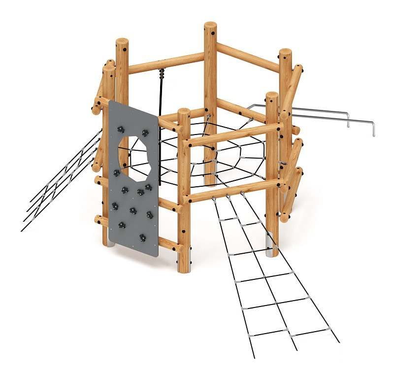 Спортивная серия (лиственница) СК 2.08.07-Л.И1 Габариты (ШхДхВ): 6100х5700х2800 Зона безопасности, мм: 9100х8700 Возрастные ограничения от 5 до 12 лет