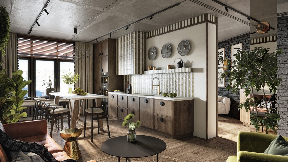 Дизайн кухни-столовой с полосатым фартуком и коробом вытяжки