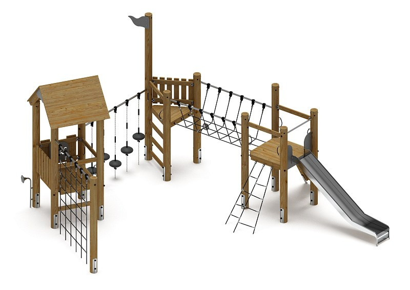 Игровой комплекс (лиственница орех) ДИК 2.24.02-Л.И1.02 Габариты (ШхДхВ): 6200х8830х3900 Зона безопасности, мм: 9200х12330 Высота падения 1400 мм. Возрастные ограничения от 5 до 12 лет.