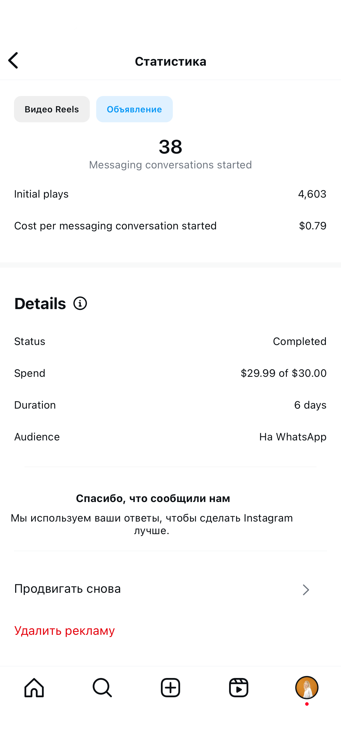 Скриншот результатов рекламы в инстаграм