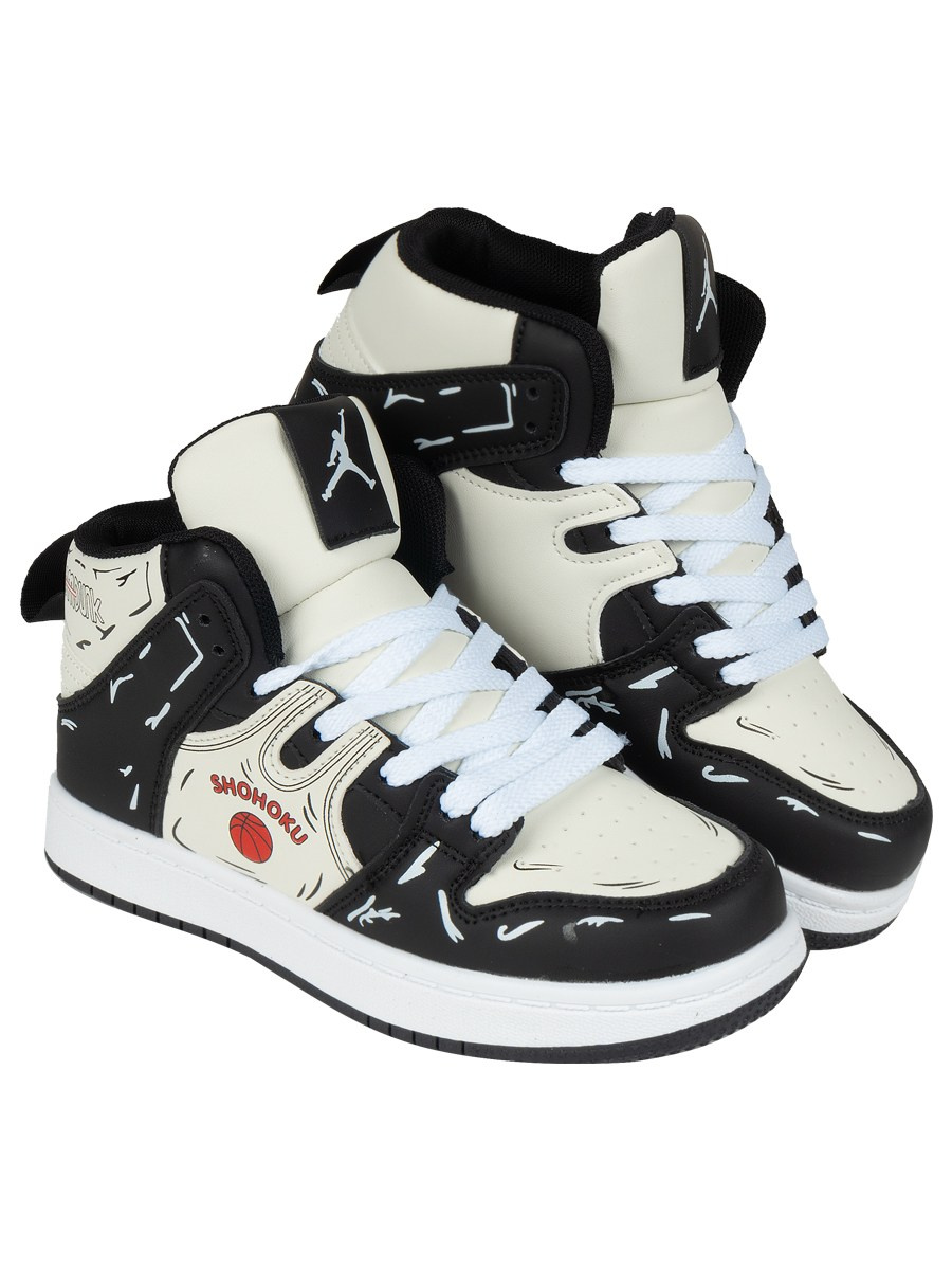 Кроссовки высокие, черно белые на белом фоне