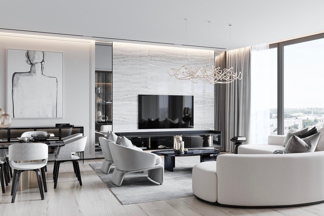 Гостиная с мраморной стеной и дизайнерским освещением — современный интерьер Валерии Котович