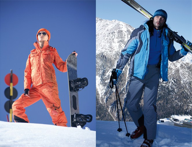 девушка в красном костюме бренда baon со сноуборд и парень в горах с лыжами и в горнолыжной одежде бренда baon в швейцарии