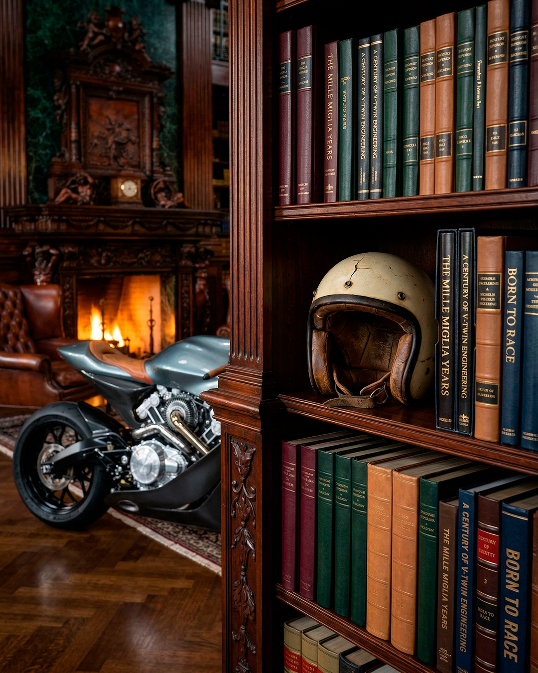 Детальная CGI фотография книжной полки тёмного красного дерева в викторианской библиотеке. На средней полке среди кожаных томов с золотыми надписями стоит старинный мотоциклетный шлем открытого типа эпохи 1960-х годов, кремово-белый, с трещинами и потёртостями. На заднем плане в боке виден силуэт Brough Superior AMB 001 у горящего камина.