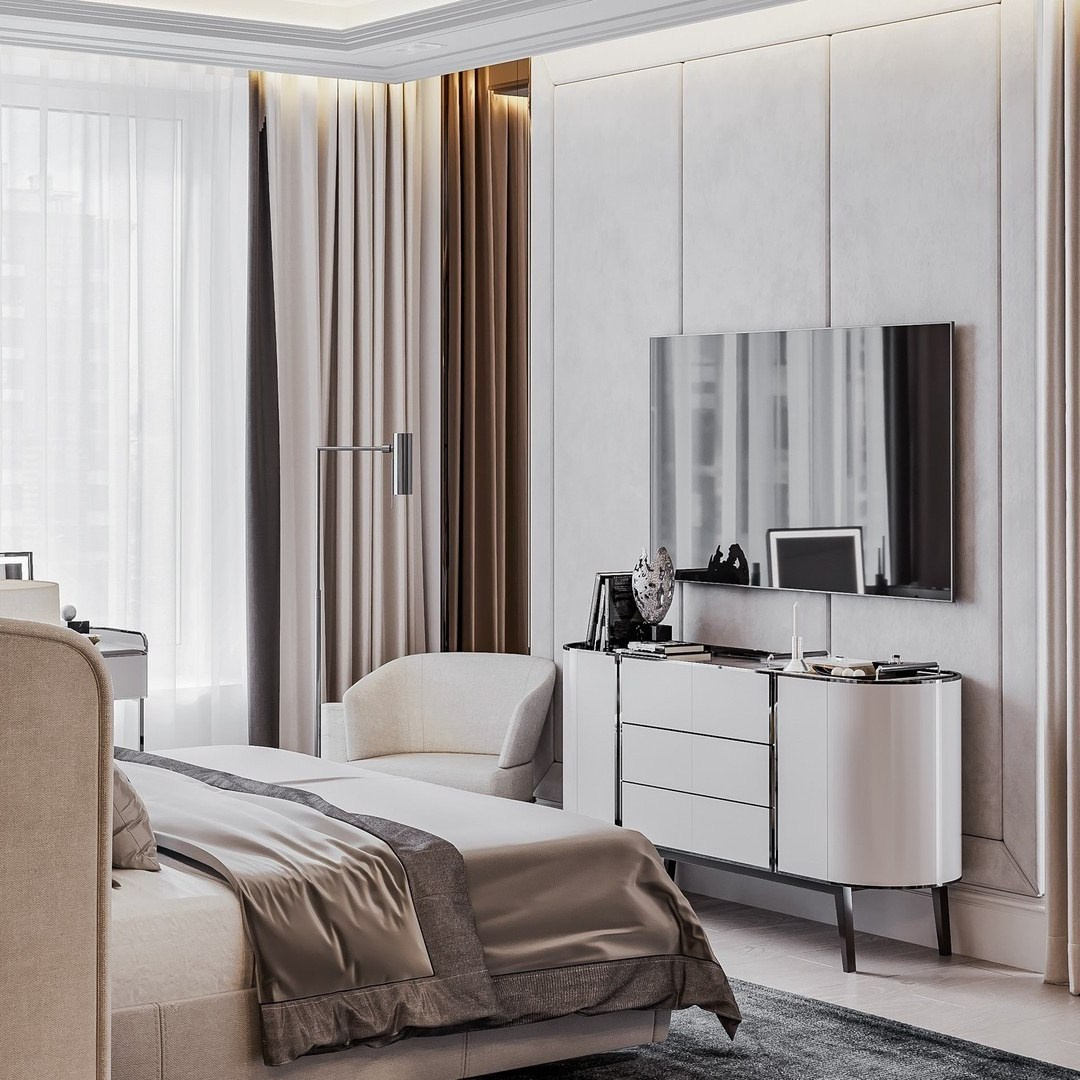 Светлая спальня с ТВ-зоной, текстильными шторами и современным комодом | Валерия Котович