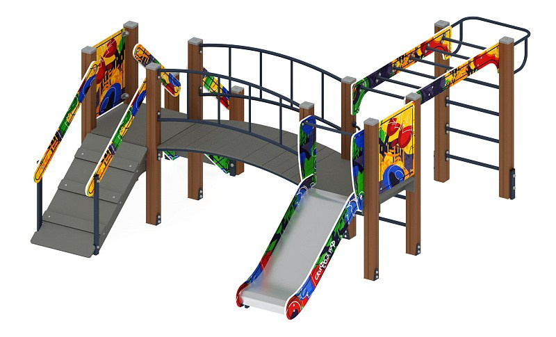 Карапуз (Граффити) - ДИК 1.001.05-03 - Игровой комплекс Н=750                                                                                                         Габариты (ШхДхВ): 3910x3060x1600                                                                                                                                                                     Зона безопасности, мм: 6060х7410                                                                                                                                                                          Скат горки: H=750 (металлический скат)