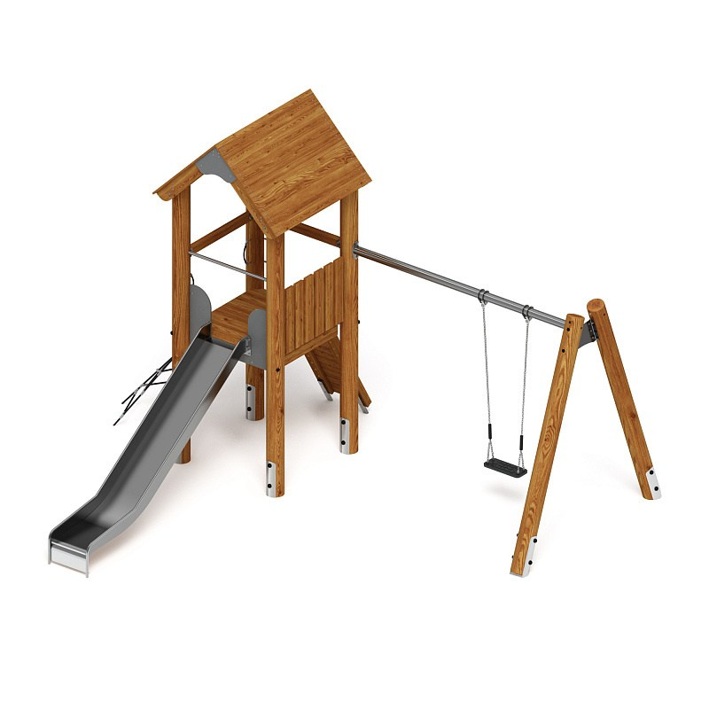 Игровой комплекс (лиственница темный) ДИК 2.24.03-01.Л.И1.01 Габариты (ШхДхВ): 4800х5410х3250 Зона безопасности, мм: 9400х8400 Высота падения 1400 мм. Возрастные ограничения от 5 до 12 лет.