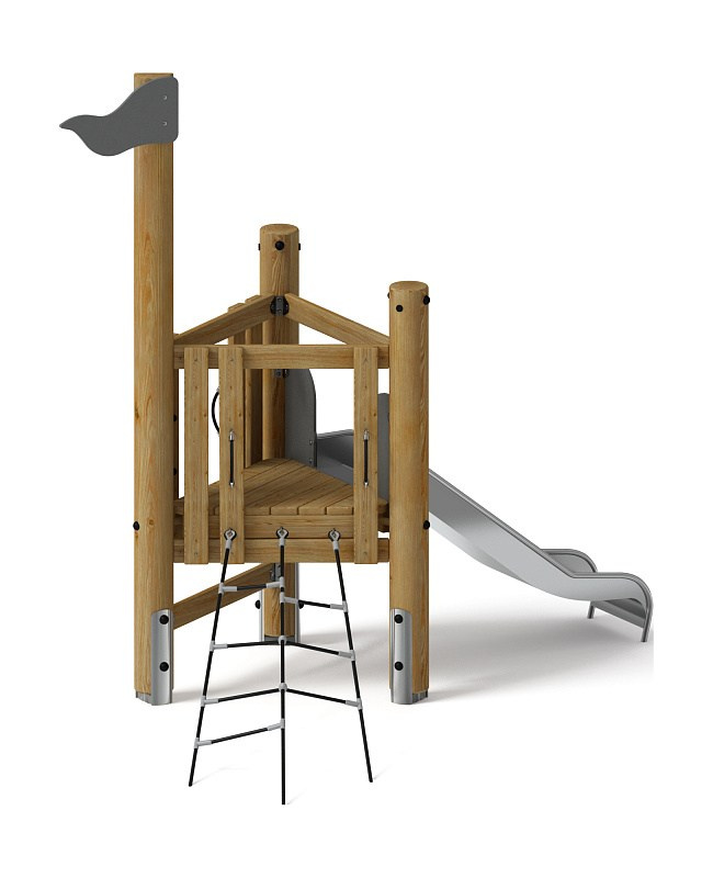 Игровой комплекс (лиственница орех) ДИК 1.24.03-Л.И1.02 Габариты (ШхДхВ): 1750х3300х2950 Зона безопасности, мм: 4815х6640 Высота падения 900 мм. Возрастные ограничения от 3 до 7 лет