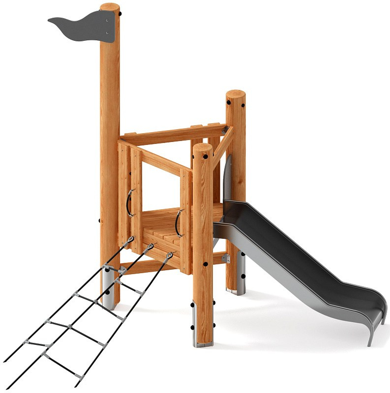 Игровой комплекс (лиственница) ДИК 1.24.03-Л.И1 Габариты (ШхДхВ): 1750х3300х2950 Зона безопасности, мм: 4815х6640 Высота падения 900 мм. Возрастные ограничения от 3 до 7 лет