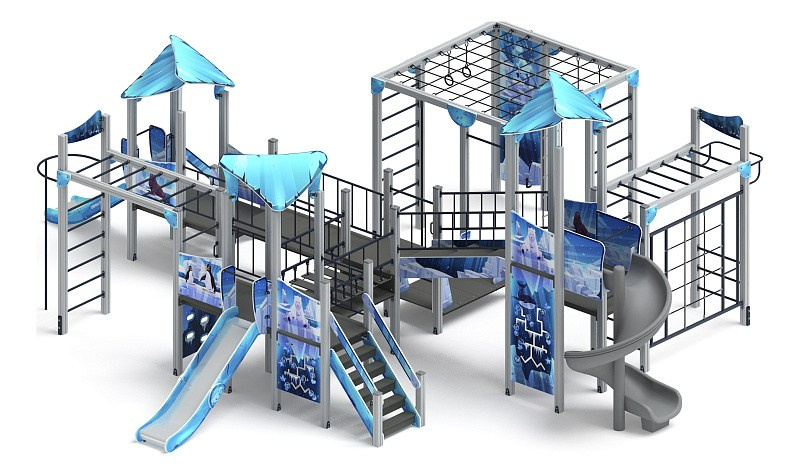 Волшебный город (винтовой скат) (Снежная королева) - ДИК 2.19.03-02.И1 - Игровой комплекс Н=900 Н=1200 Н=2000                                                                      Габариты (ШхДхВ): 11300x9700x4570                                                                                                                                                                    Зона безопасности, мм: 13200х15300                                                                                                                                                                     Скат горки: H=900 (металлический скат) / H=1200 (металлический скат) / H=2000 (винтовой скат)