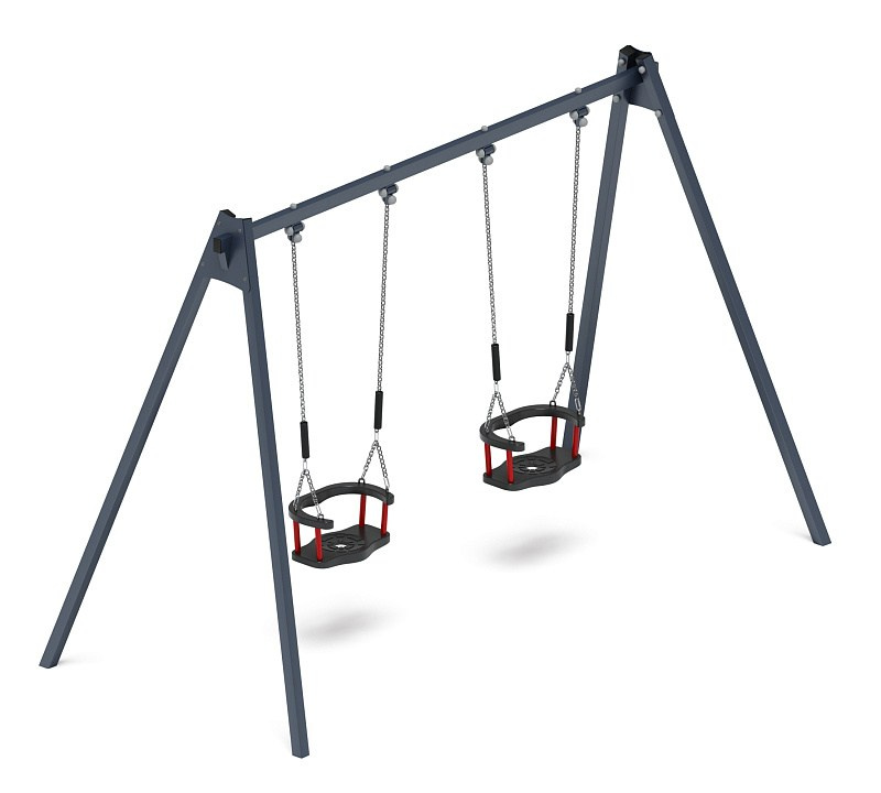 Качели двойные М2 - ИО 12.М.01.01.03-И1 Габариты (ШхДхВ): 3115х1460х2070 Зона безопасности, мм: 3200х7000 Возрастные ограничения от 3 лет, весом не более 70 кг