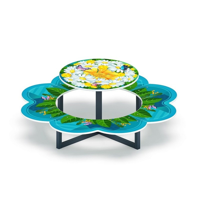 Ромашка (букет) - Столик детский - МФ 31.01.10-02 Габариты (ШхДхВ): 1600x1600x625 мм Зона безопасности, мм: 2600х2600 Возрастные ограничения от 2 до 14 лет, весом не более 70 кг