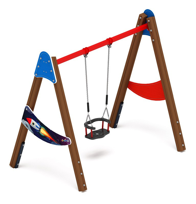 Качели Д1 - ИО 11.Д.01.02-И1 - (Космопорт) Габариты (ШхДхВ): 2450x1600x2230 Зона безопасности, мм: 2450х6950 Возрастные ограничения от 3 лет, весом не более 70 кг