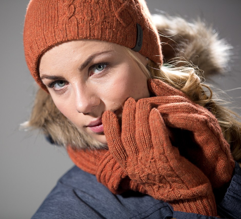 портрет девушки в зимней одежде в вязаной шапке и перчатках