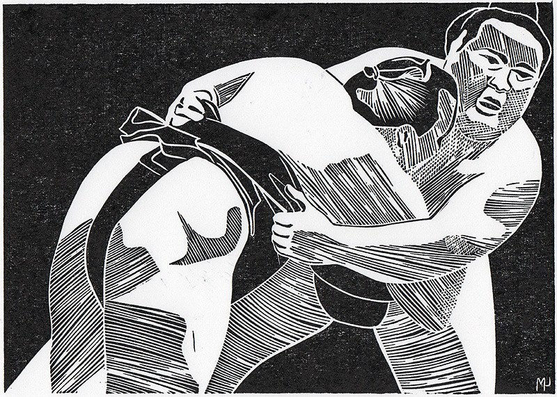 Серия линогравюр Grand Sumo Highlights  по мотивам турниров сумо. Авторская линогравюра, ручная печать на бумаге Ватман Гознак. 大相撲