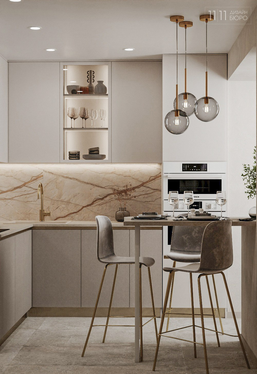 Барная стойка в кухне, светлая кухня с золотыми деталями
