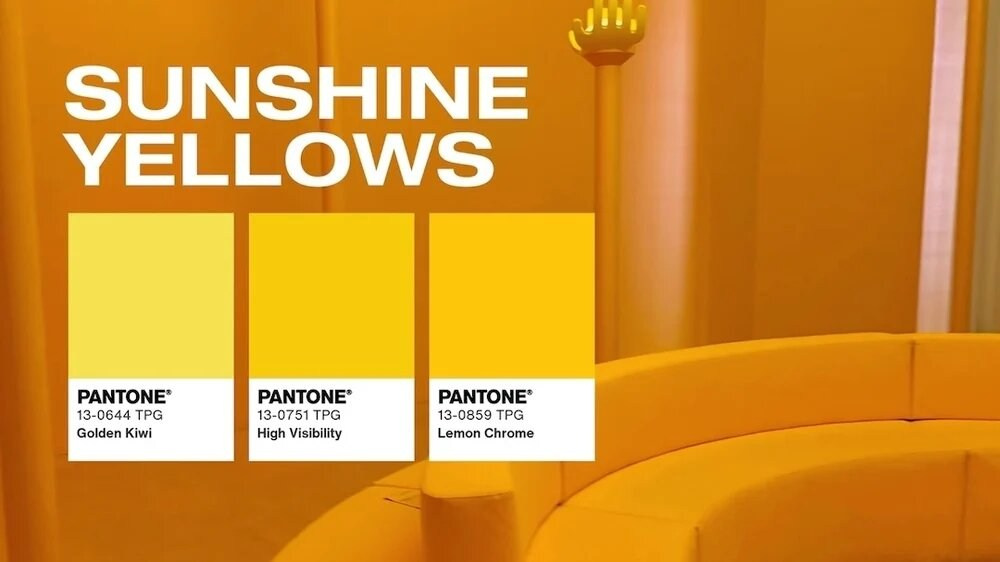 Sunshine Yellows - Golden Kiwi (13-0644 TPG), High Visibility (13-0751 TPG), Lemon Chrome (13-0859 TPG).